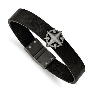 Steel Brushed Antiqued White Bronze-plated Compass Black Leather 8.25in Bracelet